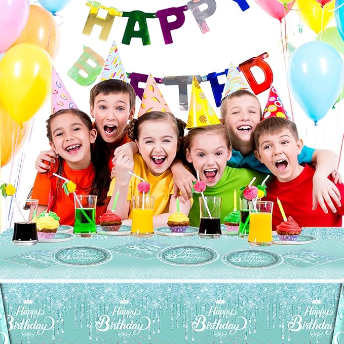 Teal and Silver Tableware set, Blue Happy Birthday Theme 20 Plates and 20 Napkins and Tablecloths 71 '' x 42 '' for Girls Women Silver Glitter Birthday Party Supplies