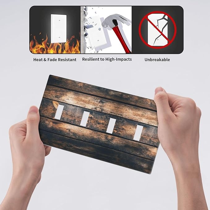 Light Switch Covers Brown Vintage Wooden Board Rustic Wood Quad Toggle Electrical Faceplate 4 Gang Wall Plate Decorative Switch Plates For Farmhouse Cabin Decor