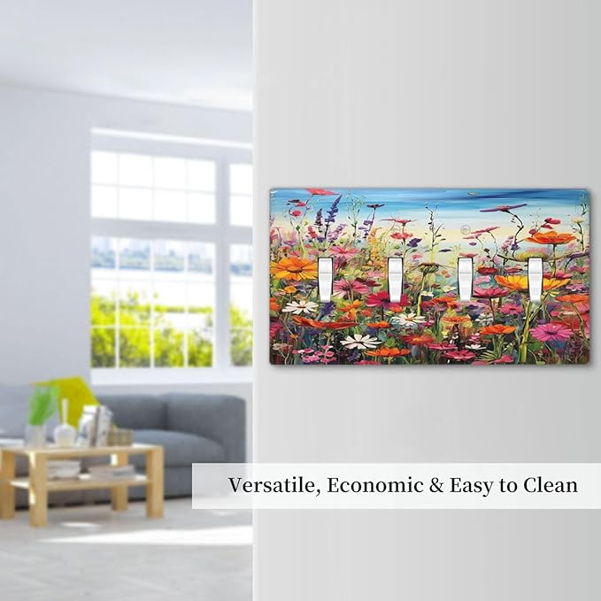 Colorful Wildflowers Painting Floral Flower Light Switch Covers Quad Toggle Electrical Faceplate 4 Gang Wall Plate Decorative Switch Plates Cover for Bedroom Living Room Decor