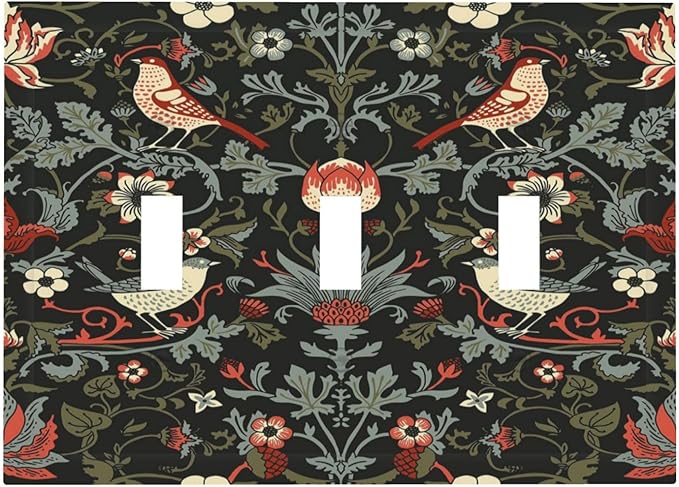 Vintage Birds Berries Mid Century Floral Flower Decorative Switch Plates 3 Gang Wall Plate Triple Toggle Light Switch Cover Faceplate Electrical Wall Panels for Bedroom Living Room Decor