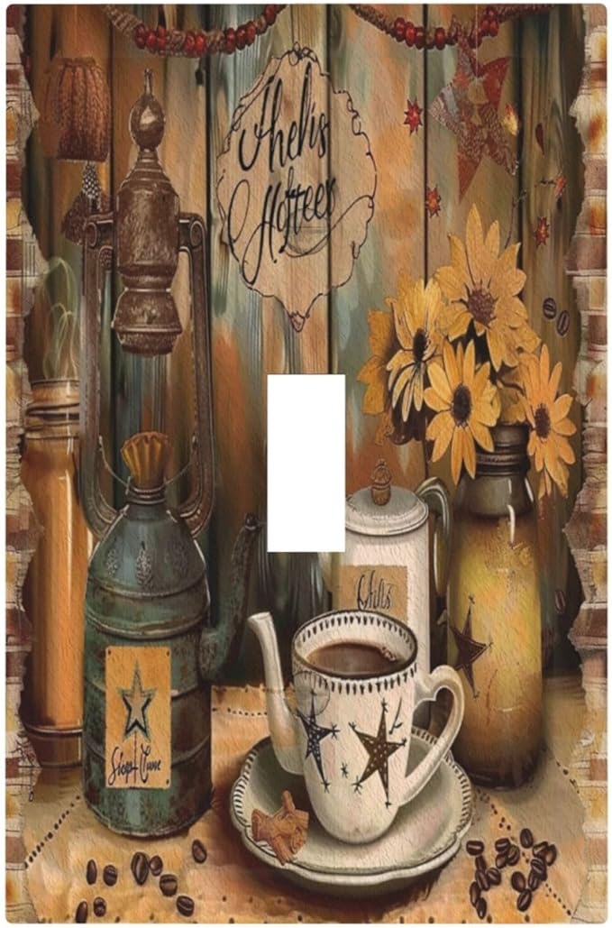 Decorative Switch Plate Covers Vintage Coffee Pot Star Farmhouse Wood Plank 1 Gang Wall Plate Single Toggle Light Switch Cover Plate Jumbo Electrical Switchplate Receptacle Faceplate