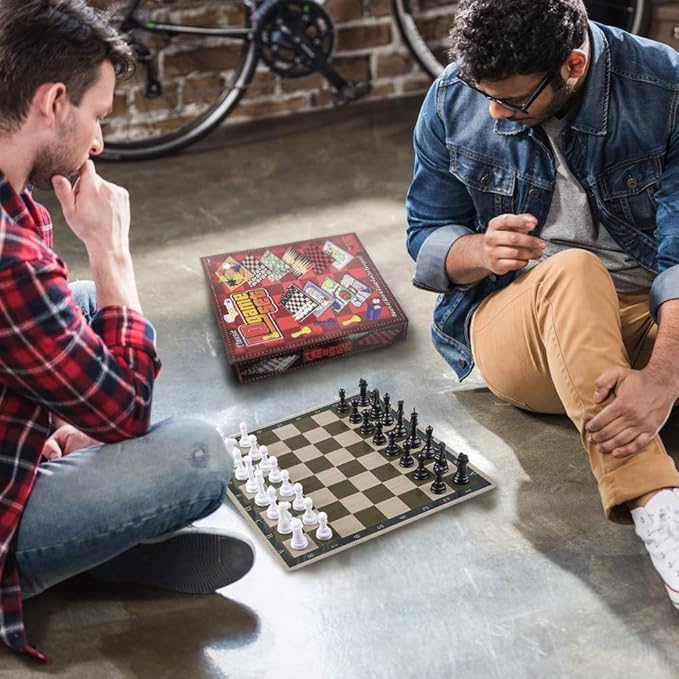 Gamie 10 Board Games Set, Classic Family Games for Kids and Adults, Includes 5 Double Sided Playing Boards with Backgammon, Chinese Checkers, Snakes and Ladders, Sorry, Draught, Racing, Chess and More