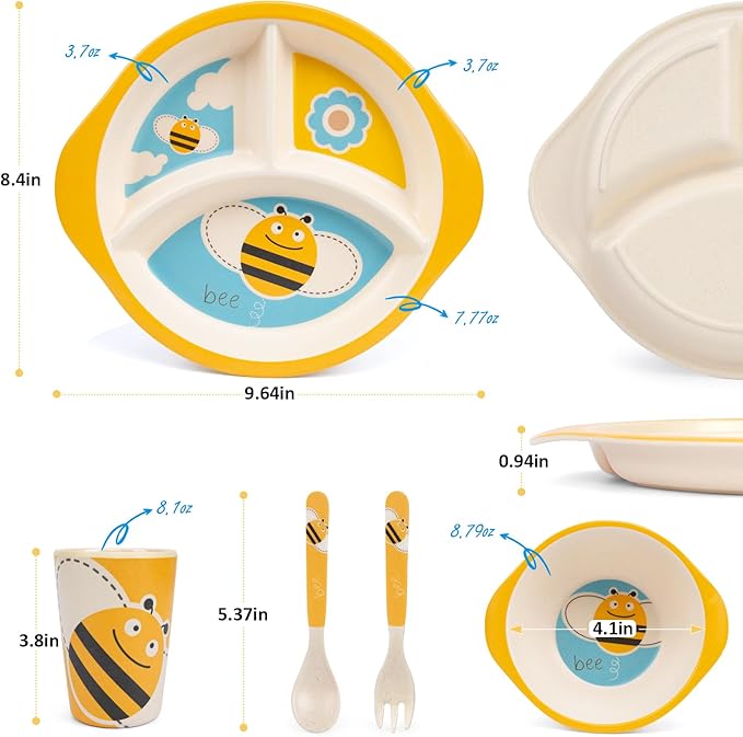 Kids Dinnerware Set, 5-Piece Mealtime Tableware for Children & Toddlers – Includes Divided Plate, Bowl, Cup, Fork & Spoon – Natural Bamboo Fiber, BPA-Free, Dishwasher Safe (Bee)