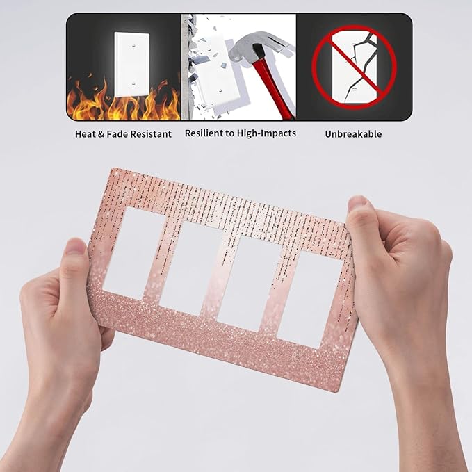 Pink Glittery Bling 4 Gang Quad Rocker/Decor Light Switch Cover Plate Decorative Electrical Faceplate for Bathroom Room Decorate Jumbo Size Screwless 8.3" x 4.6