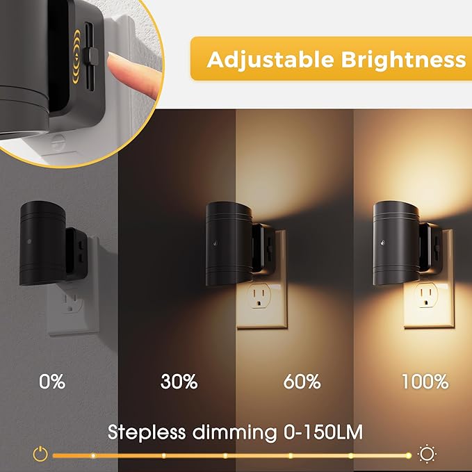 L LOHAS LED Night Light, Dimmable Night Lights Plug into Wall,2 Pack Nightlight for Kids,180° Rotatable, 3000K 0-150LM Dimmable Night Lights with Dusk to Dawn Sensor for Children Room Bathroom