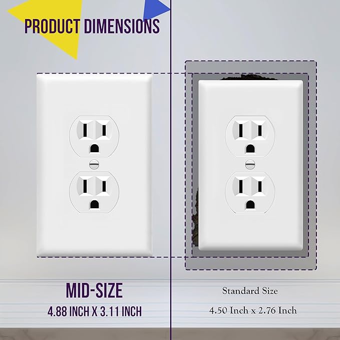 ENERLITES Mid-Size Duplex Receptacle Outlet Wall Plate, Electrical Outlet Covers Plates, Midway Size 1-Gang 4.88" x 3.11", Polycarbonate Thermoplastic, UL Listed, 8821M-W-10PCS, White (10 Pack)