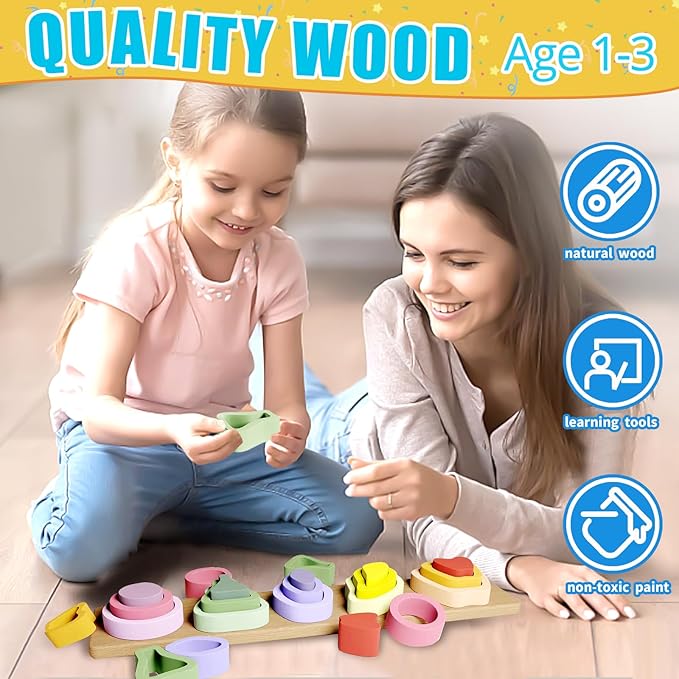 Symdiro Montessori Toys for 1 2 3 Year Old Boys Girls - Wooden Sorting & Stacking Toys for Kids - Toddler Toys Age 1-3 - Shape Sorter and Color Stacker Preschool Kids Gifts