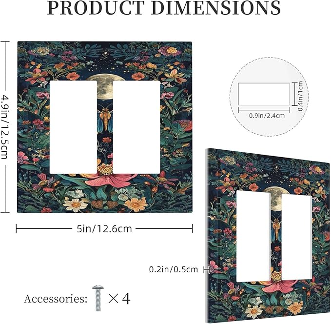 Decorative Outlet Covers Bohemian Moon Butterfly Floral 2 Gang Double Rocker Light Switch Cover Plate Electrical Switch Plate Cover Decorate GFCI Wall Plate for Bedroom Cabin Decor