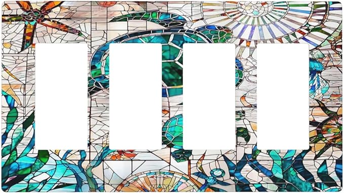 Nautical Tropical 4 Gang Screwless Quad Decorator Wall Plate Green/Blue Sealife Ocean Turtle Anchor Beach Electrical Quadruple Device Rocker/Gfci Dimmer Receptacle Outlet Light Switch Cover Face Plate