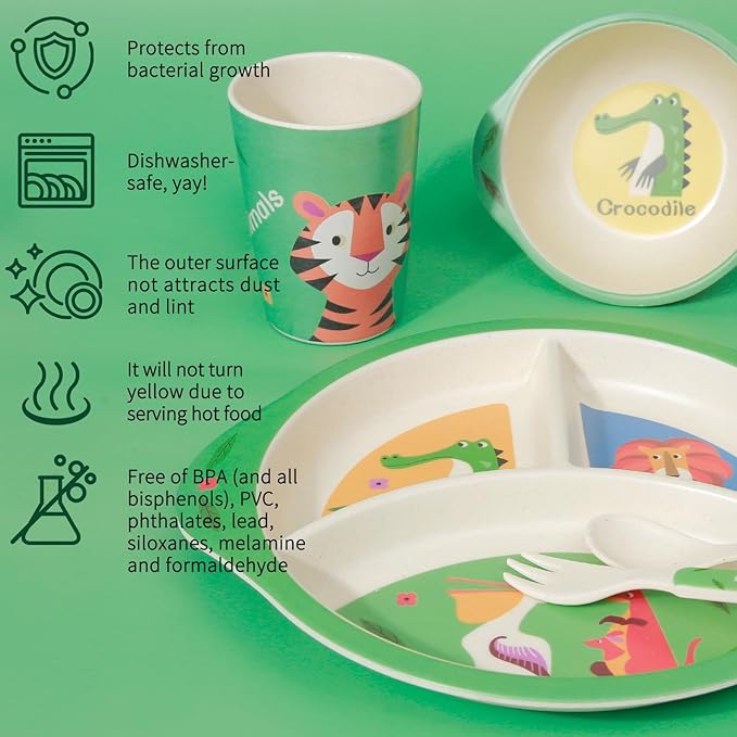 Kids Dinnerware Set, 5-Piece Mealtime Tableware for Children & Toddlers – Includes Divided Plate, Bowl, Cup, Fork & Spoon – Natural Bamboo Fiber, BPA-Free, Dishwasher Safe (Forest Animal)