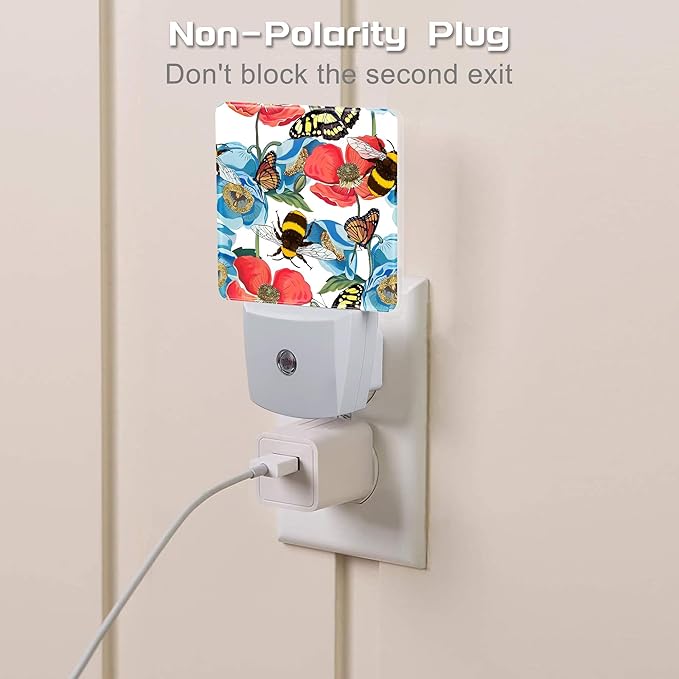 Red Poppy Flowers with Bee Butterflies Night Light for Kids,Bright Floral Insects Night Light Plug in with Dusk to Dawn Sensor,0.5w Energy Saving Nightlight for Hallway Stairway Kitchen Bedroom