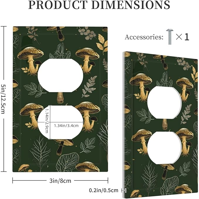 Decorative Outlet Covers Cute Gold Mushtroom Green Plant Leaf 1 Gang Duplex Light Switch Cover Plate Unique Wall Plates for Electrical Outlets Switch Plate Covers for Bedroom Decor