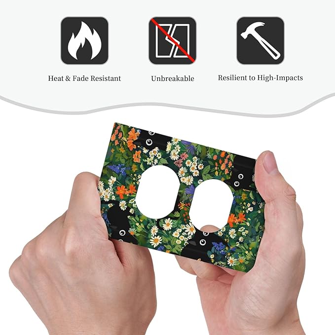 Funny Cartoon Cute Kid Black Cats 1 Gang Duplex Wall Plate Receptacle Outlet Covers Boho Aesthetic Green Floral Flower Forest Decorative Electrical Dual Device Light Switch Plug Socket Faceplate Cover