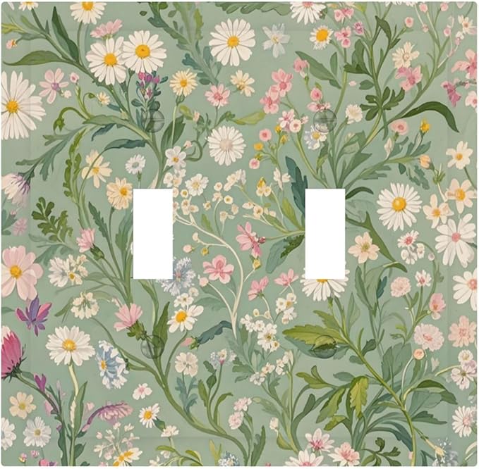 Decorative Switch Plate Cover with Vintage Wildflowers & Daisies on Light Green Background Design 2 Gang Wall Plate Unique Double Toggle Double Light Switch Covers