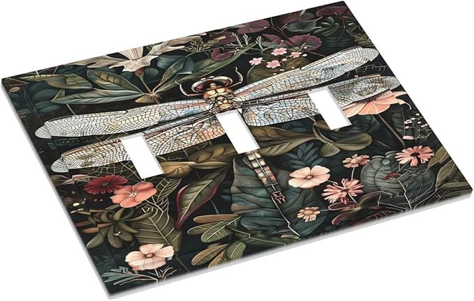 Vintage Dark Green Dragonfly Flowers Floral Botanical Decorative Switch Plates 3 Gang Wall Plate Triple Toggle Light Switch Cover Faceplate Electrical Wall Panels for Farmhouse Home Decor