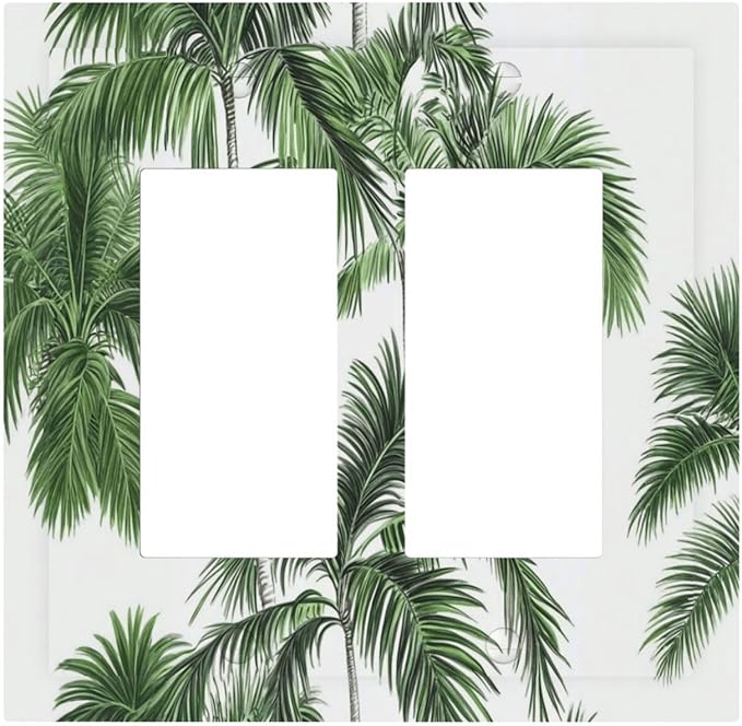 Decorative Outlet Covers Palm Trees Tropical Green Plant Palm Leaf 2 Gang Double Gfci Rocker Electrical Wall Panels Light Switch Cover Plate For Bed Room Bathroom Decor