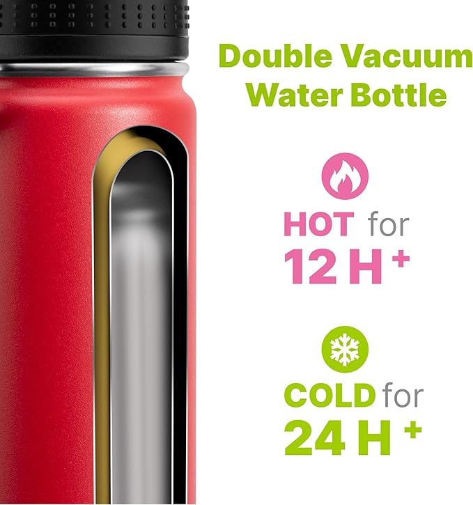 16 oz Water Bottle Stainless Steel Vacuum Insulated Wide Mouth Sports Flask, 2 Pack Water Bottle with Leakproof Spout Lid (Canyon Red-Sky Blue)