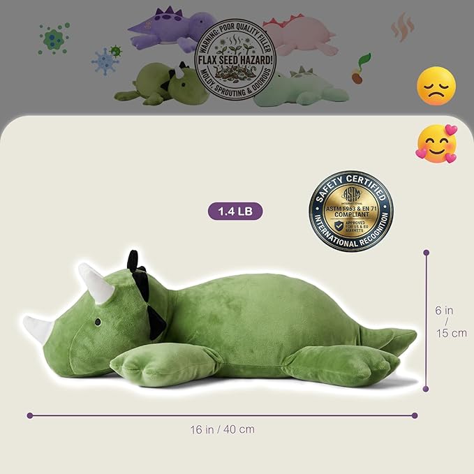 OSOCU® Microwavable Heating Pad Green Triceratops Plush - 1.4 Lb Weighted Stuffed Animal Toy with Tourmaline Beads & Lavender - 16" Squished Long Dinosaur Pillow - Lumbar Back Cushion Lasting Warmth