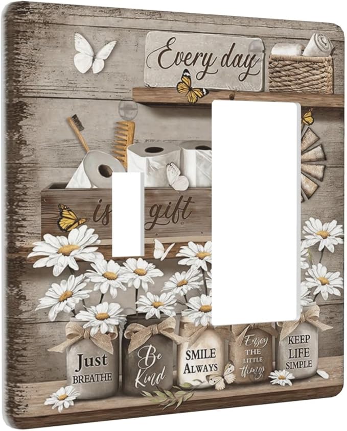 Rustic Daisy Flower Butterfly Inspirational Cottage Outlet Covers 1 Toggle 1 Rocker Combination Decorative Wall Plate Electrical Switch Plates Light Switch Cover Plate for Farmhouse Bedroom Decor