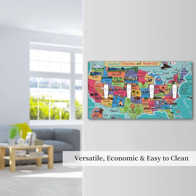 American Map 4 Gang Light Switch Cover Decorative Quad Toggle Wall Plate Decorative Electrical Faceplate for Kitchen Home Barn Farmhouse Decorate Large 8" x 4.5