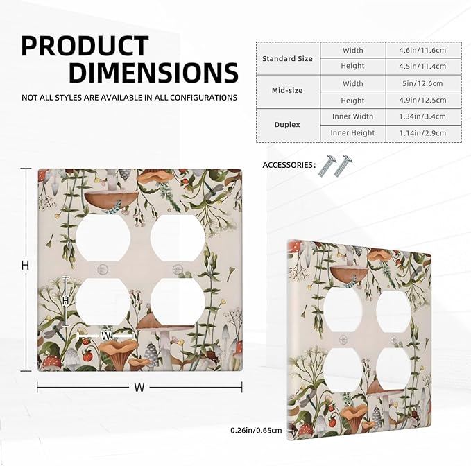 Boho Mushroom Forest Plants Wildflowers Insects Outlet Covers 2 Gang Double Duplex Decorative Light Switch Covers Electrical Wallplates Socket Faceplate for Kids Room Home Decor