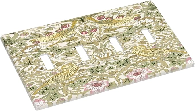 William Morris Vintage Strawberry Bird Botanical Light Switch Covers Quad Toggle Electrical Faceplate 4 Gang Wall Plate Decorative Switch Plates Cover for Farmhouse Home Decor