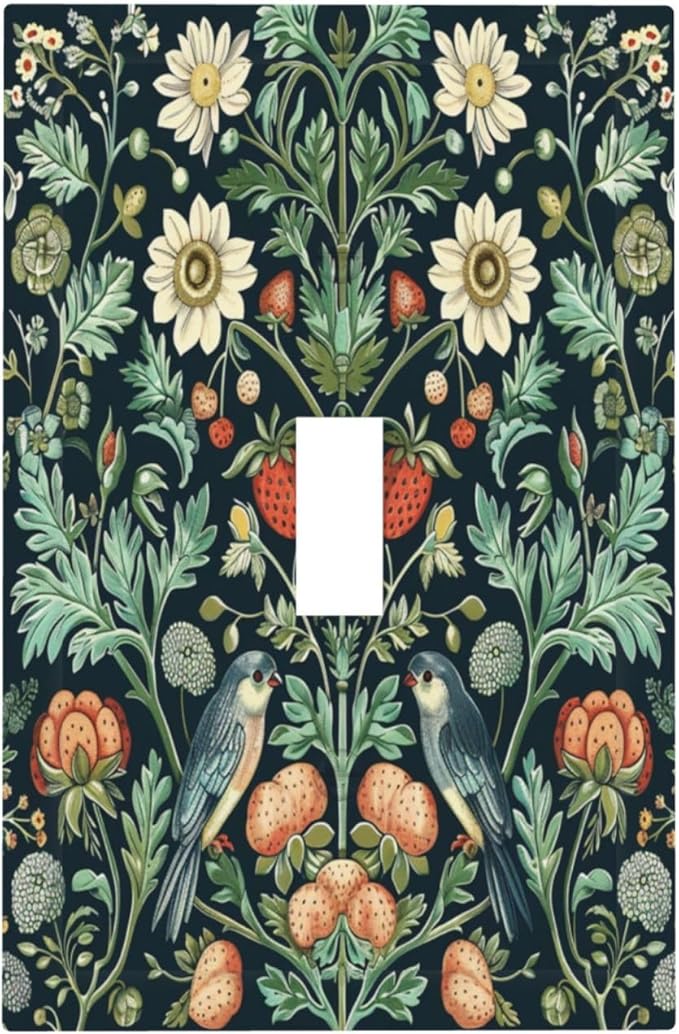 Light Switch Cover Plate Strawberry Birds Flowers Plant Morris Floral 1 Gang Single Toggle Decorative Switch Plates Wall Plates Electrical Faceplate for Bathroom Bedroom Decor