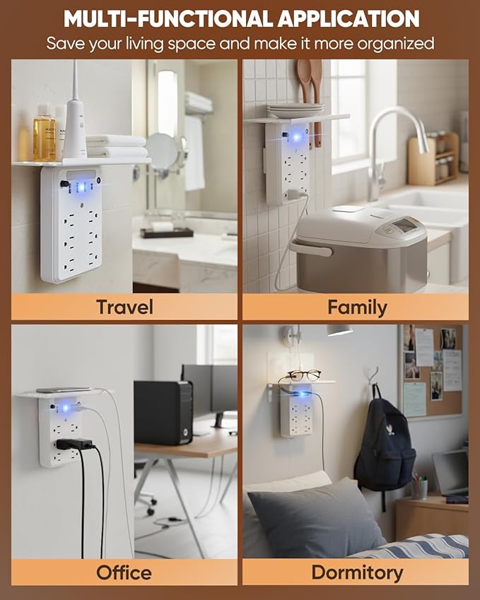 Saker Multi-Plug Outlet with Night Light,Wall Outlet Extender Surge Protector with 6 AC Outlets, 4 USB Ports(1 USB C), Overtop Power Charger with Outlet Shelf for Homes and Dormitories