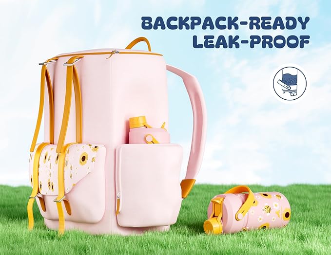 12 oz Kids Metal Water Bottle for School: Leakproof, Insulated Cup with Dual Straw Spout Lid, BPA-Free, Car Cupholder Friendly, 24H Cold for Camping, Sports, Birthday Gift for Girs (Bee the Sunshine)