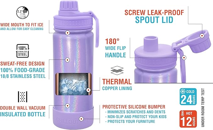 CHILLOUT LIFE 17 oz Kids Insulated Water Bottle for School with Leakproof Spout Lid and Cute Waterproof Stickers, Personalized Stainless Steel Thermos Flask Metal Water Bottle for Girls & Boys