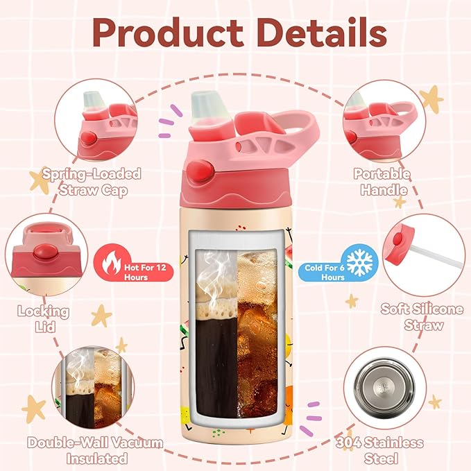 12 oz Fruits Kids Water Bottle, Happy Fruit Water Bottle for School, Kids Insulated Bottles with Straw & Handle, Leak-Proof, BPA-free, Straw Lid, Stainless Steel for Travel Gift Cup for Teens