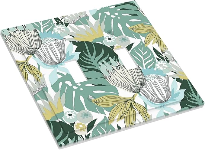 Retro Tropical Leaves 2 Gang Light Switch Cover Plate Double Toggle Wall Plate Decorative Outlet Cover Electrical Faceplate Switchplate for Bedroom Bathroom Kitchen Decor