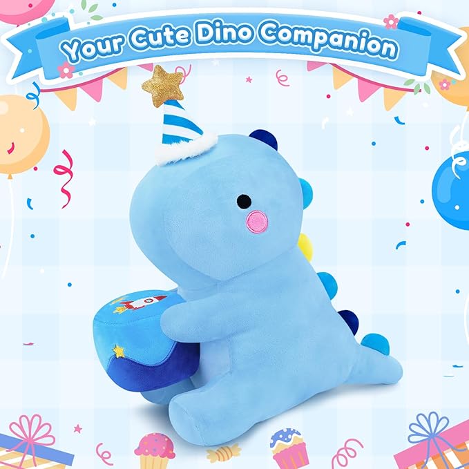 SQEQE Dinosaur Stuffed Animal, Cute Dinosaur Plush Toys with Cake, Dino Plushies Anniversary Birthday Gift for Her Girls Boys Boyfriend Girlfriend(Blue,12 inch)