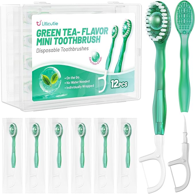 12 Pack 5 in 1 Disposable Mini Toothbrushes with Toothpaste, Floss, Pick & Tongue Scraper, Individually Wrapped, Portable Toothbrush Travel Set for Kids Adults, Green Tea Flavor