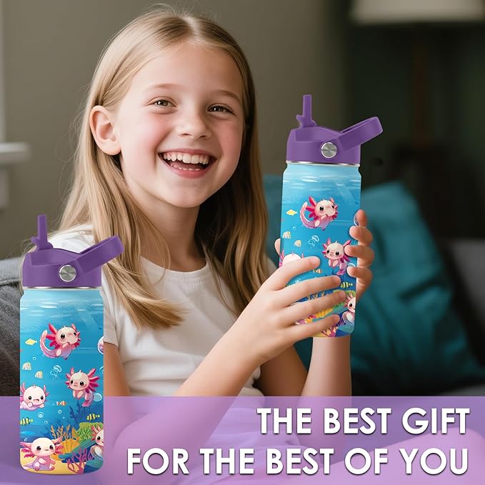 Axolotl Gifts for Girls, 16oz Axolotls Water Bottle with Straw Lid, BPA-Free, Leak Proof Stainless Steel Insulated Tumbler, Adorable Ocean Animal Mug Cup for Sports,Travel Boys Birthday Gifts (1pc)