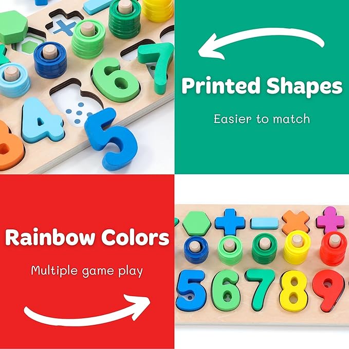 GeroCrew Wooden Montessori Toys for Kids Toddler Number Puzzles Sorter Counting Shape Stacker Stacking Game Preschool Toys for Boy Girl Learning Education Math Blocks Year Old Girl Gifts (Rainbow)