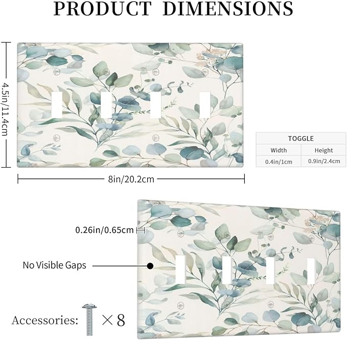Boho Green White Eucalyptus Leaf Floral Light Switch Covers Quad Toggle Electrical Faceplate 4 Gang Wall Plate Decorative Switch Plates Cover for Farmhouse Living Room Decor