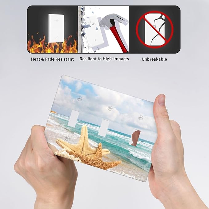 Ocean Beach Seashell Light Switch Cover Plates Decorative Triple Toggle Wall Plate, 3 Gang Lightswitch Cover