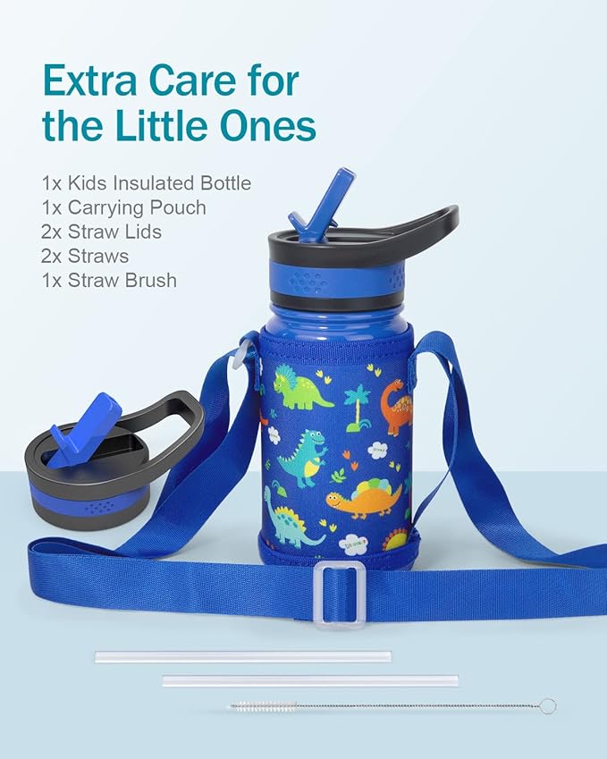BUZIO Kids Water Bottle with 2 Tritan Straw Lids and a Carrying Pouch for shcool, 14oz Insulated Stainless Steel Toddler Tumbler, Leak Proof Cute Metal Water Bottle Boys Girls, Blue