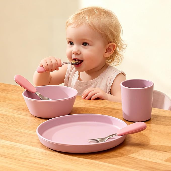 Complete tableware set, 6 pieces, water cups, dinner plates, divided dinner plates, bowls, spoons, and forks. (Purple)