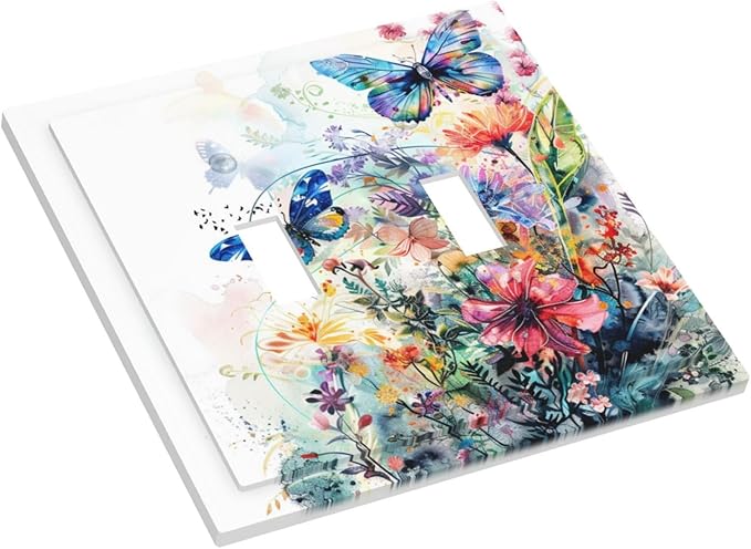 Light Switch Cover Plate Watercolor Colorful Floral Butterflies Wildflowers 2 Gang Double Toggle Decorative Switch Plates Wall Plates Electrical Faceplate for Bathroom Bedroom Decor