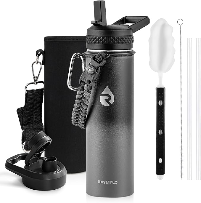 RAYMYLO Insulated Water Bottle 20 oz, Triple Wall Vacuum Stainless Steel (Cold for 24Hrs, Hot for 12Hrs), Leak Proof & Non-BPA, Kids Water Bottle Jug for School with Straw Spout Lids