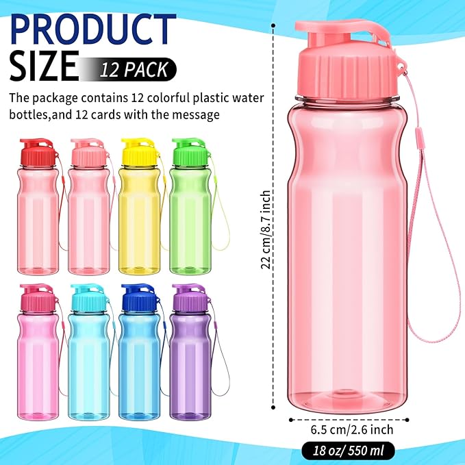12 Pack Water Bottles for Kids School Bulk 18 oz Leakproof Reusable Sports Water Bottles Decorations End of The Year Gifts for Students from Teacher for Kids Graduation Classroom Prizes