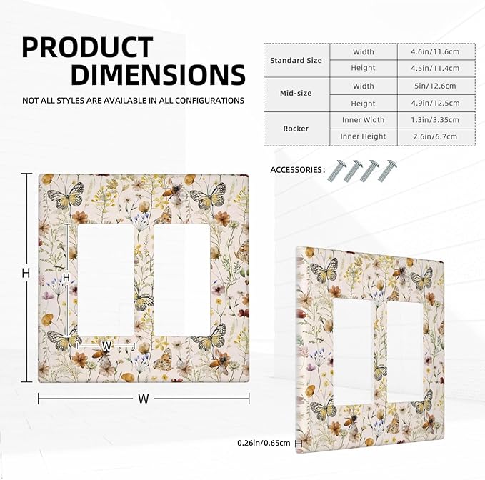 Vintage Butterflies Double Rocker Wall Plates Colorful Wildflower 2 Gang Light Switch Cover Decorative Cute Bees GFCI Electrical Switchplate Beige Flower Leaves Dimmer Decor for Bedroom Kidroom