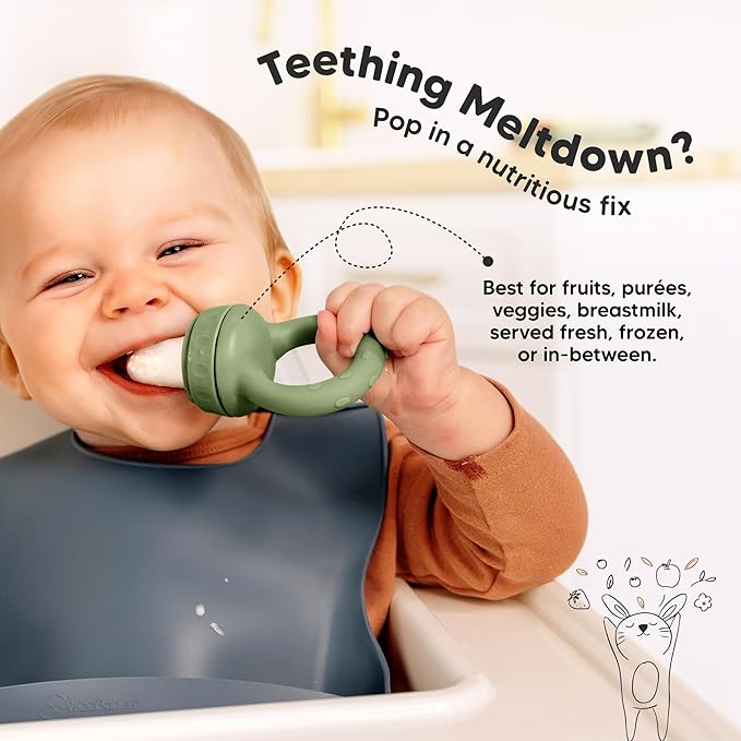 KeaBabies Baby Fruit Feeder 2pk - Silicone Baby Food Feeder for Babies 6-12 Months, Breast Milk Popsicle Teether, Weaning, Pacifier, Freeze Frozen Solid Food, Infant Feeding Essential (Soft Fern)