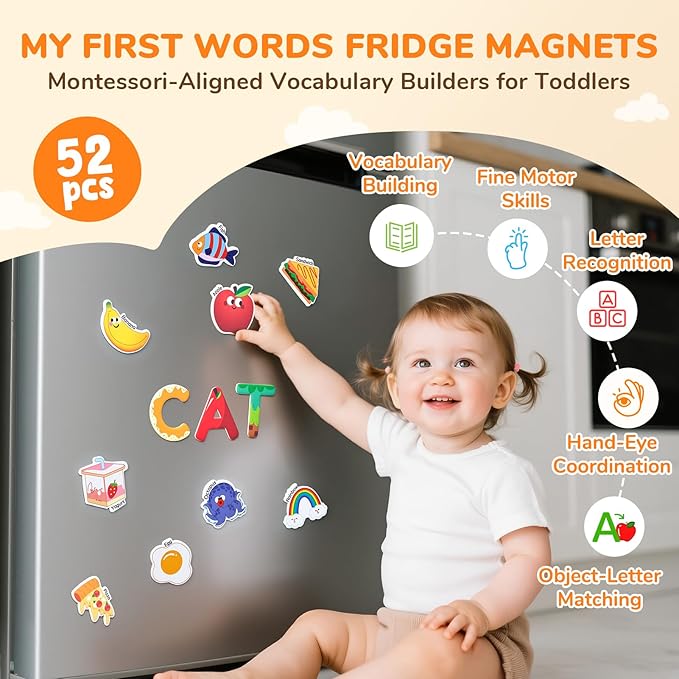JoyCat Fridge Magnets for Toddlers – 26 Cute Objects & Uppercase Letters, Large Refrigerator ABC Alphabet Magnets Set for Kids, Preschool Learning Spelling Alphabet Gift Toy for Ages 2+