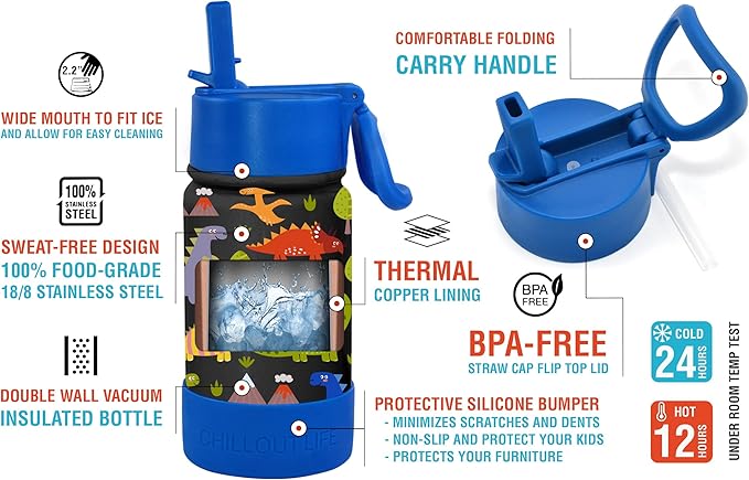 CHILLOUT LIFE 12 oz Kids Insulated Water Bottle for School with Straw Lid Leakproof and Cute Waterproof Stickers, Personalized Stainless Steel Thermos Flask Metal Water Bottle for Girls & Boys
