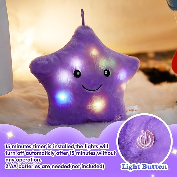 WEWILL 9'' LED Twinkle Star Soft Plush Toys Glowing Stuffed Star Light up Plush with Colorful Night Lights Birthday Valentines Gift for Toddler Kids(Purple)