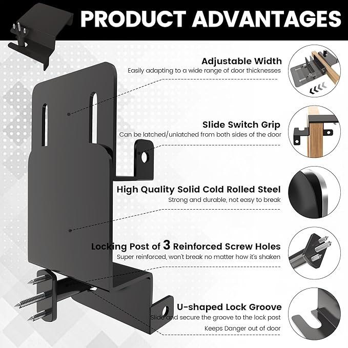 Adjustable Child Safety Door Top Lock｜Metal Child Proof Door Top Lock for Interior&Exterior&French Door｜Lock & Unlock from Either Sides｜for Childproofing｜Sliding Door Lock for Kids Safety｜Black