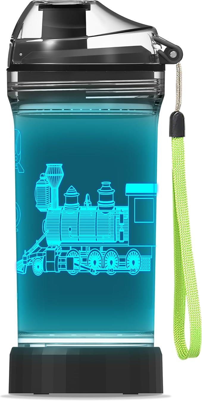 YuanDian Light Up Kids Water Bottle with 3D Train Design- 14 OZ Tritan BPA Free - Cool Drinking Cups Gift for School Kindergarten Boys and Girls Christmas Holiday